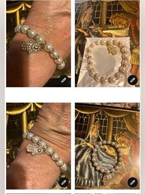 protection Pearl Beaded Bracelet with EVIL EYE Hamsa Charm CRYSTAL GOLD NEW